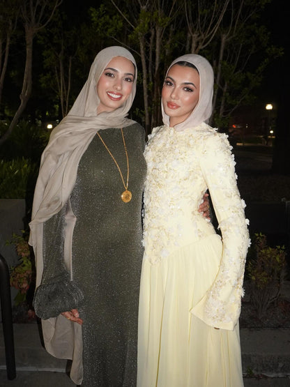 Luxury Yellow Muslim 3D Floral Beaded A Line Evening Dress LA73911