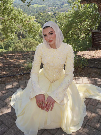 Luxury Yellow Muslim 3D Floral Beaded A Line Evening Dress LA73911