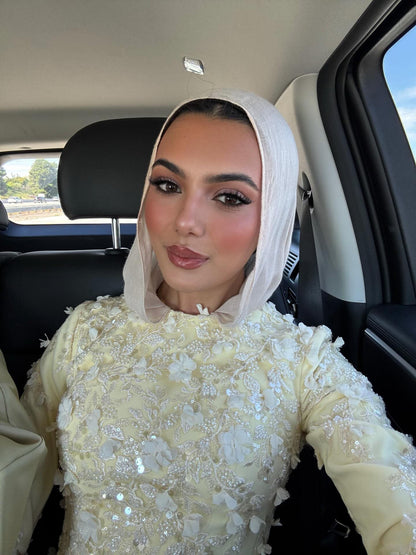 Luxury Yellow Muslim 3D Floral Beaded A Line Evening Dress LA73911