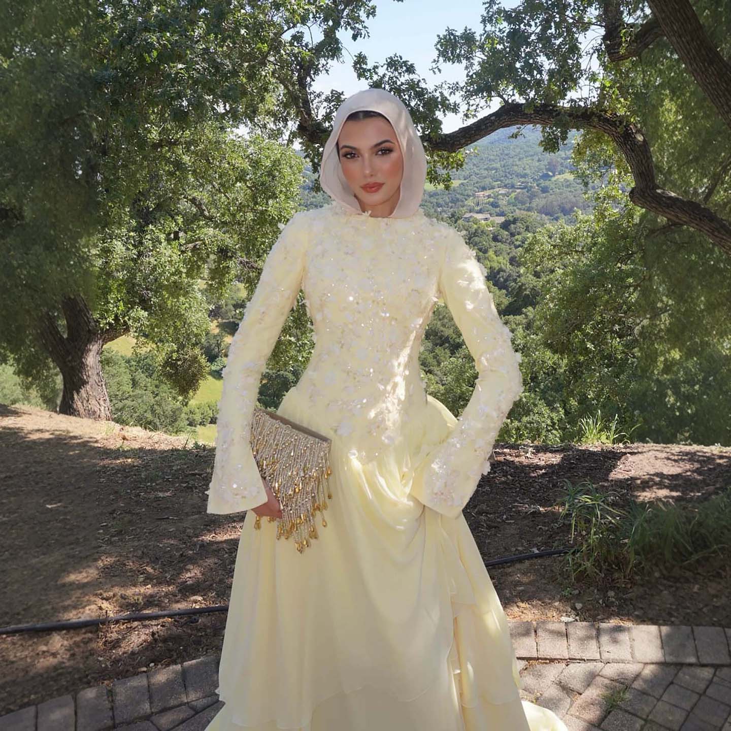 Luxury Yellow Muslim 3D Floral Beaded A Line Evening Dress LA73911
