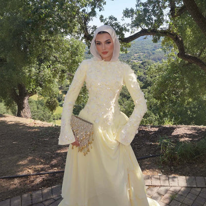 Luxury Yellow Muslim 3D Floral Beaded A Line Evening Dress LA73911