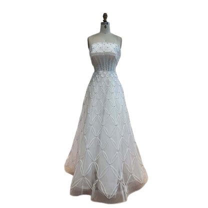 Luxury White Strapless Tassel Beaded A Line Wedding Dress LA73912