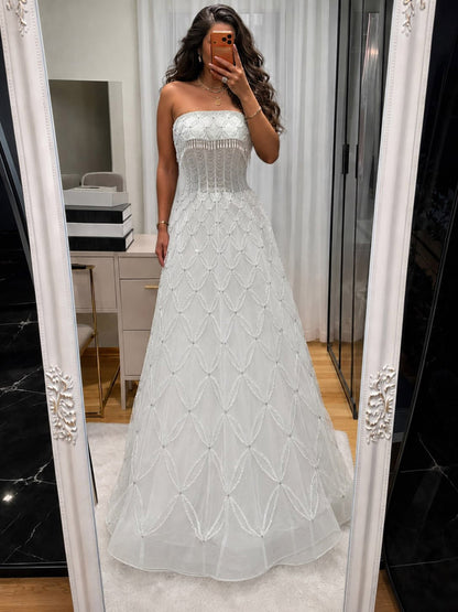 Luxury White Strapless Tassel Beaded A Line Wedding Dress LA73912