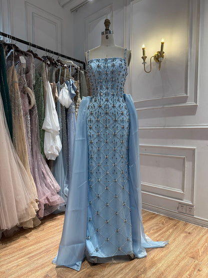 Luxury Blue Crystal Beaded Mermaid Dress With Overskirt LA73913