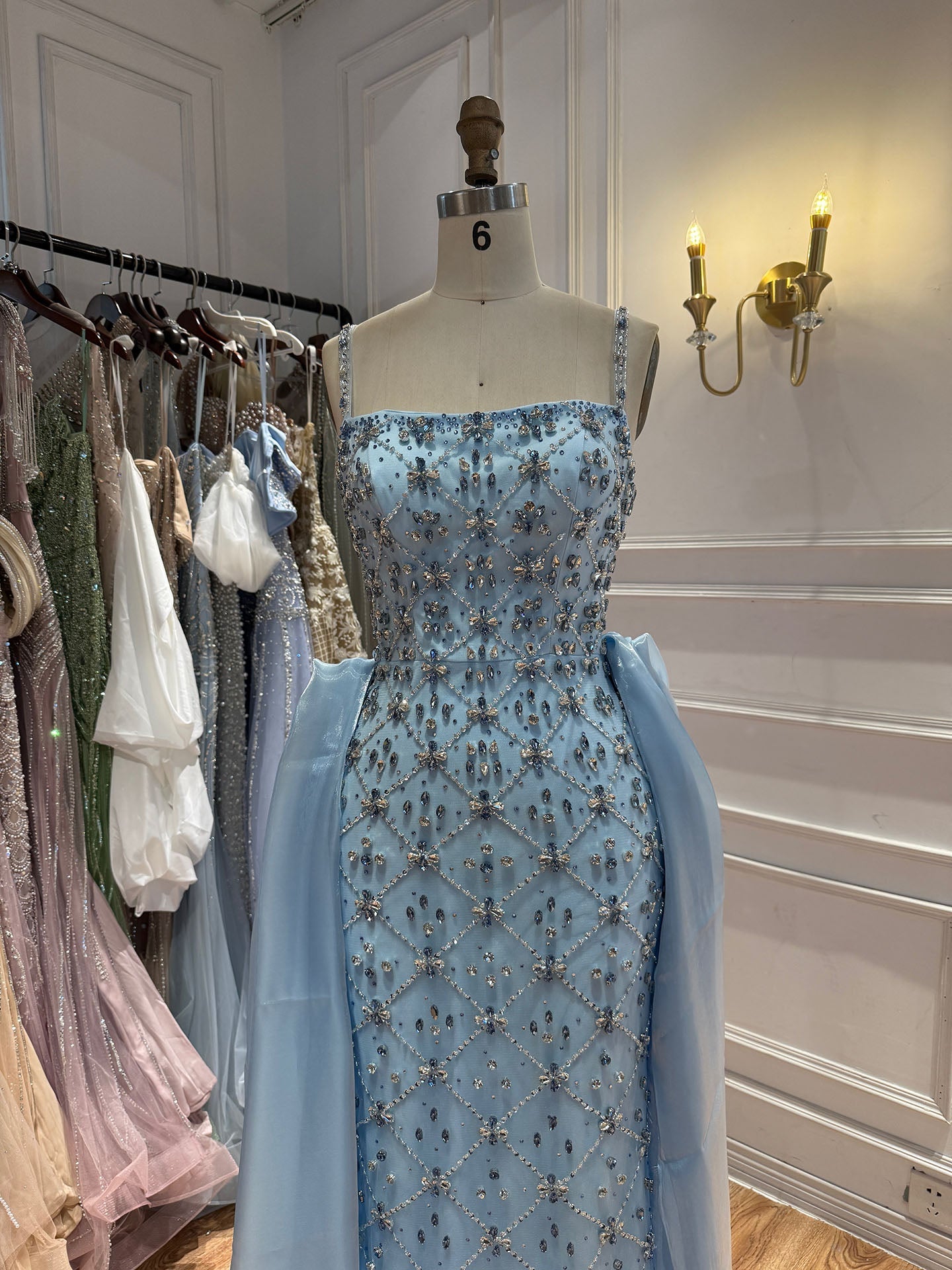 Luxury Blue Crystal Beaded Mermaid Dress With Overskirt LA73913