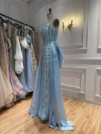 Luxury Blue Crystal Beaded Mermaid Dress With Overskirt LA73913