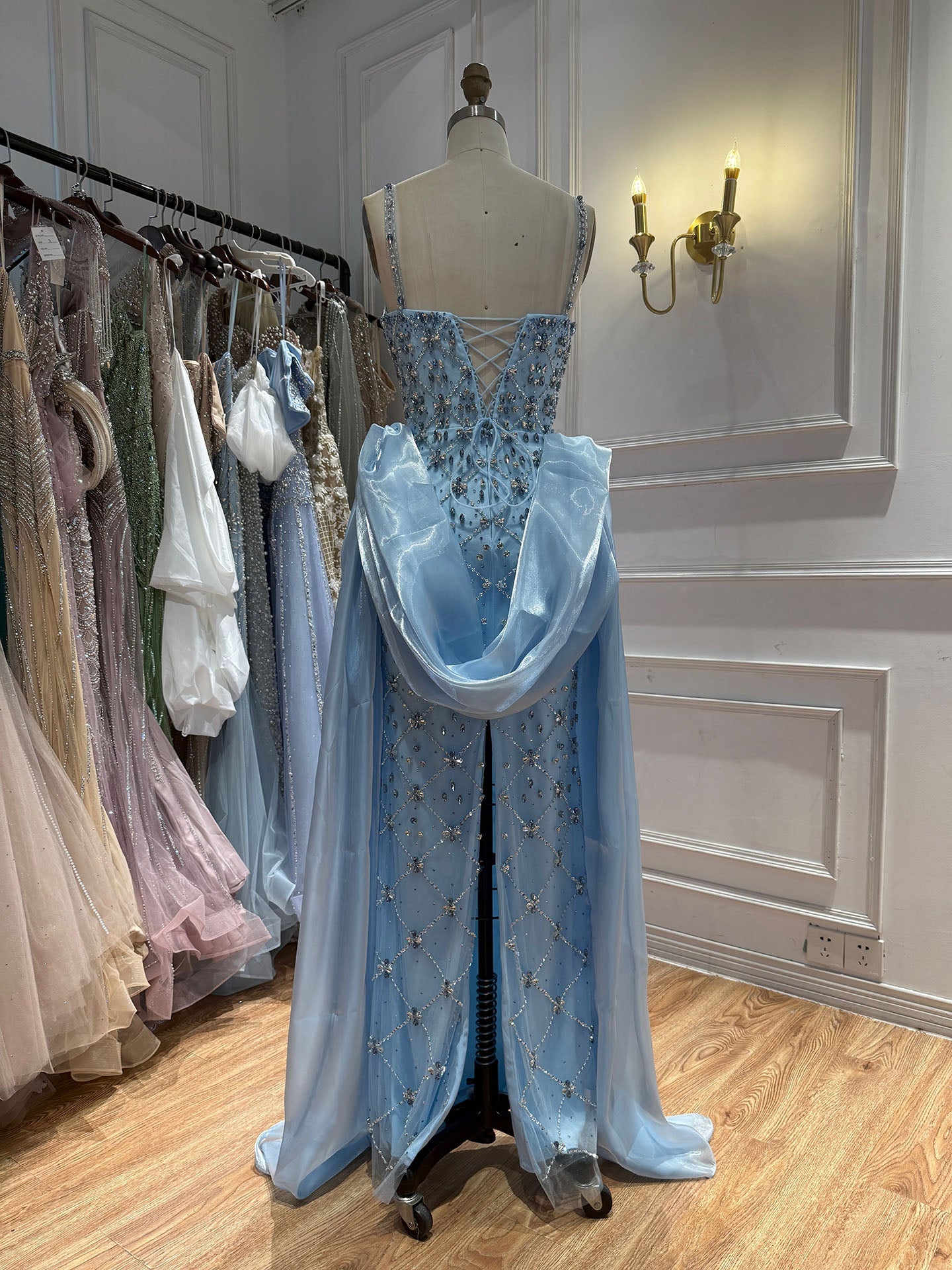 Luxury Blue Crystal Beaded Mermaid Dress With Overskirt LA73913