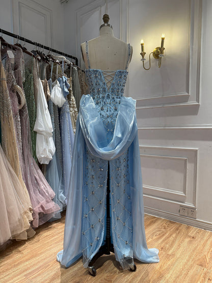 Luxury Blue Crystal Beaded Mermaid Dress With Overskirt LA73913