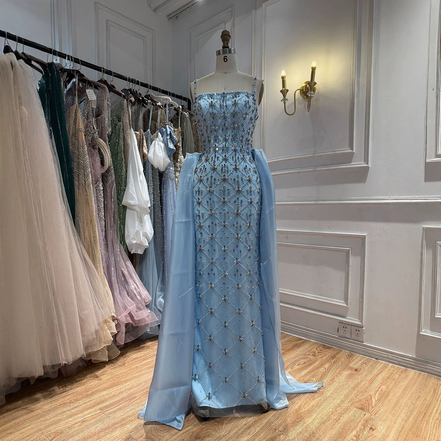 Luxury Blue Crystal Beaded Mermaid Dress With Overskirt LA73913
