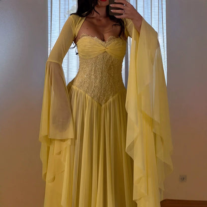 Luxury Yellow Lace Beaded Corset Chiffon A-Line Dress LA73917