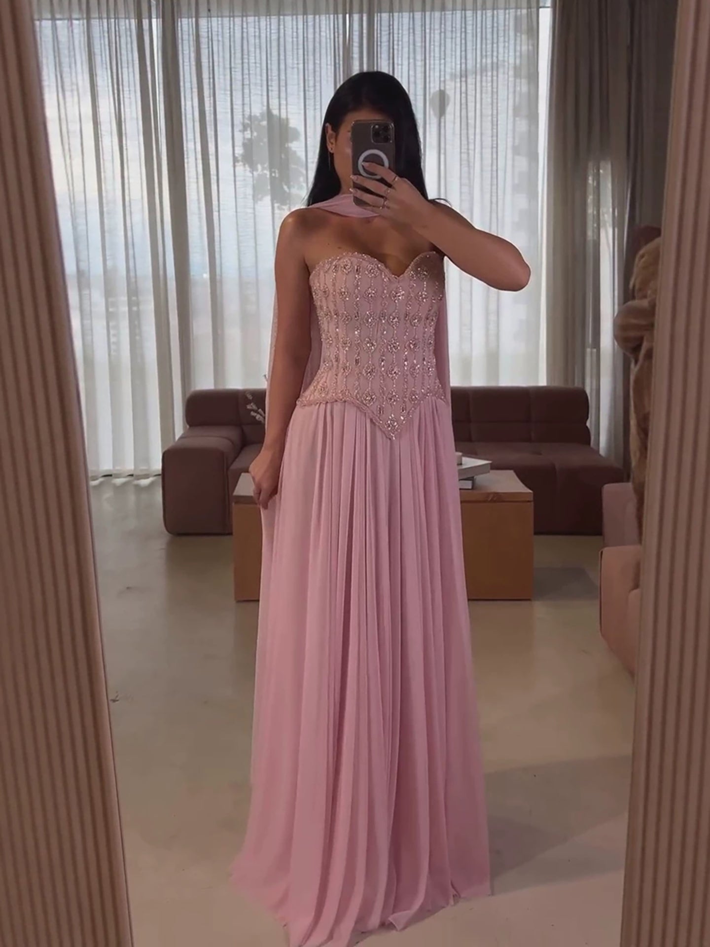 Luxury Pink Crystal Beaded Corset Chiffon A-Line Dress LA73918