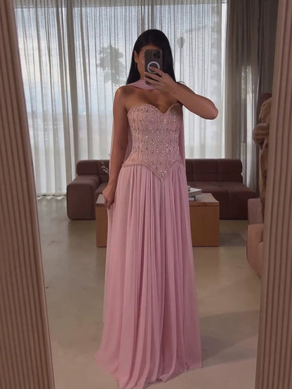 Luxury Pink Crystal Beaded Corset Chiffon A-Line Dress LA73918