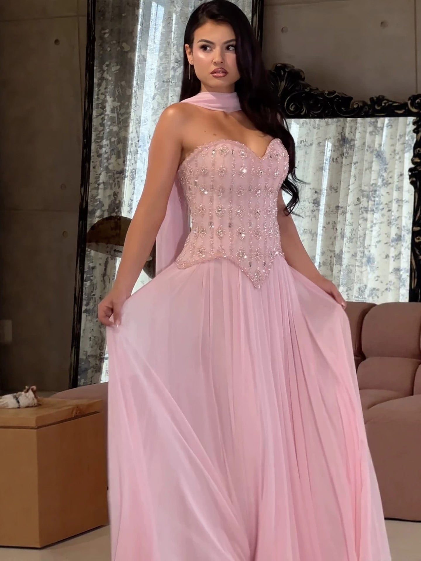 Luxury Pink Crystal Beaded Corset Chiffon A-Line Dress LA73918