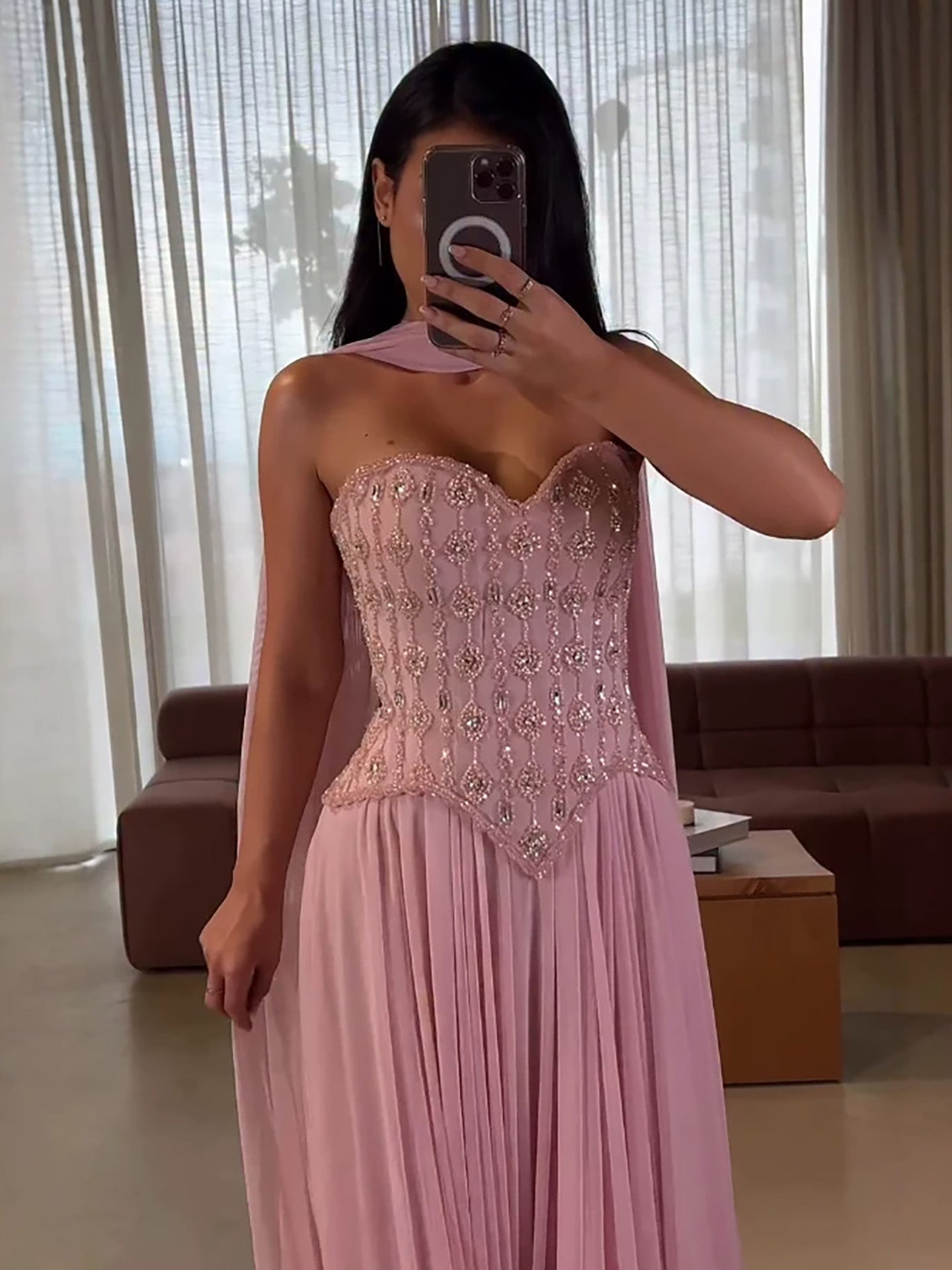 Luxury Pink Crystal Beaded Corset Chiffon A-Line Dress LA73918