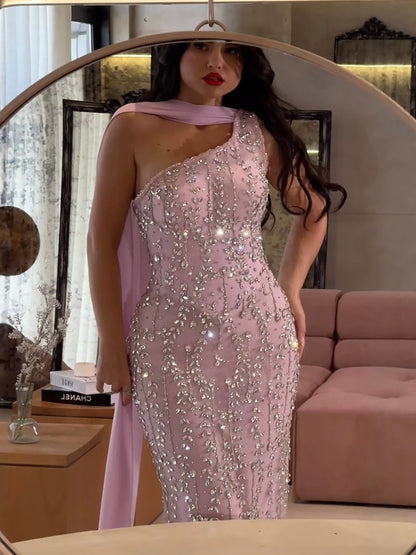 Luxury Pink Crystal Beaded Mermaid Dress With Chiffon Scarf LA73919