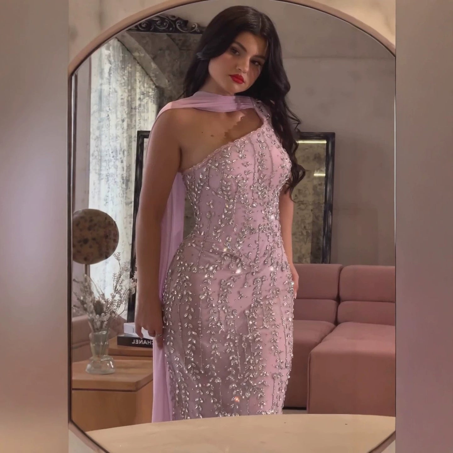 Luxury Pink Crystal Beaded Mermaid Dress With Chiffon Scarf LA73919