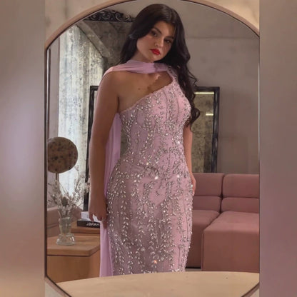 Luxury Pink Crystal Beaded Mermaid Dress With Chiffon Scarf LA73919