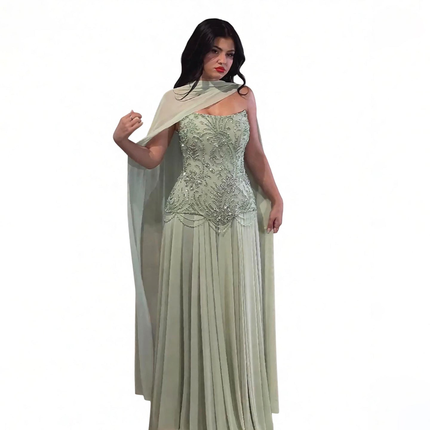 Luxury Sage Green Beaded Corset Chiffon A Line Dress LA73920