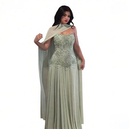 Luxury Sage Green Beaded Corset Chiffon A Line Dress LA73920