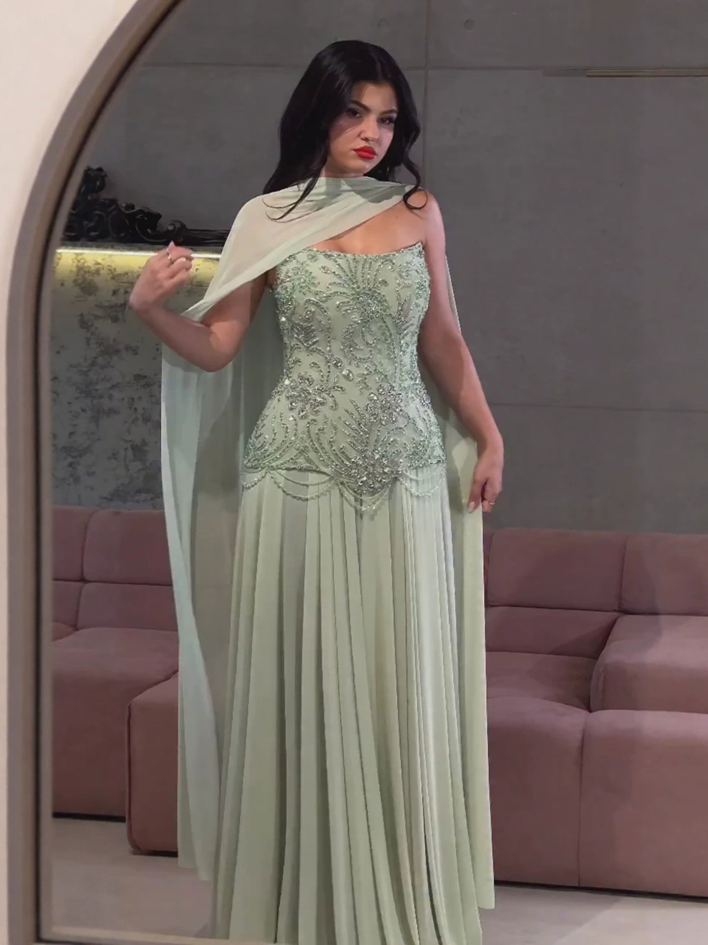 Luxury Sage Green Beaded Corset Chiffon A Line Dress LA73920