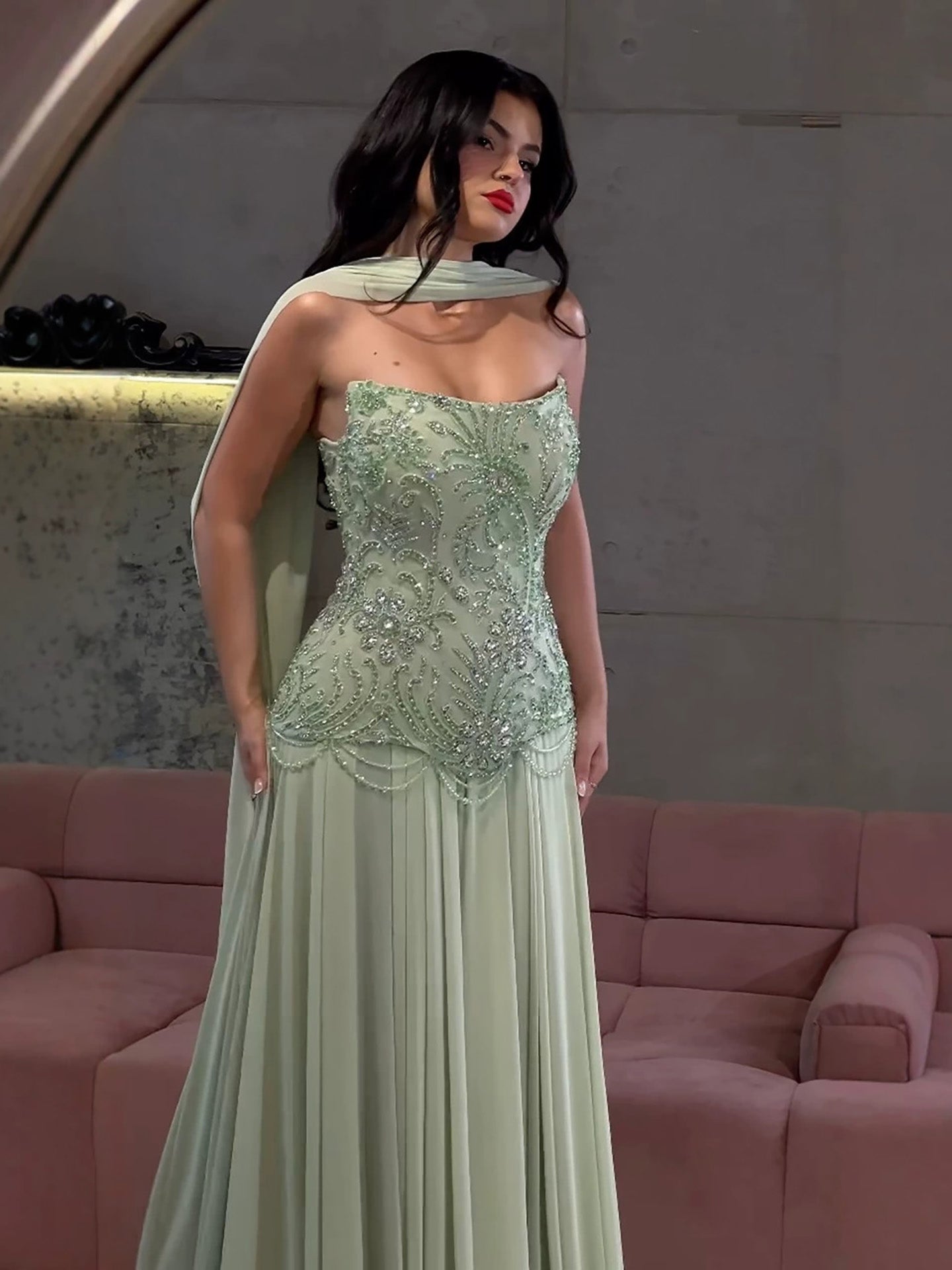 Luxury Sage Green Beaded Corset Chiffon A Line Dress LA73920