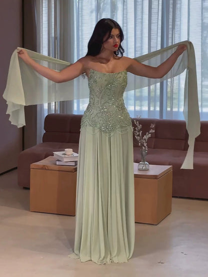 Luxury Sage Green Beaded Corset Chiffon A Line Dress LA73920