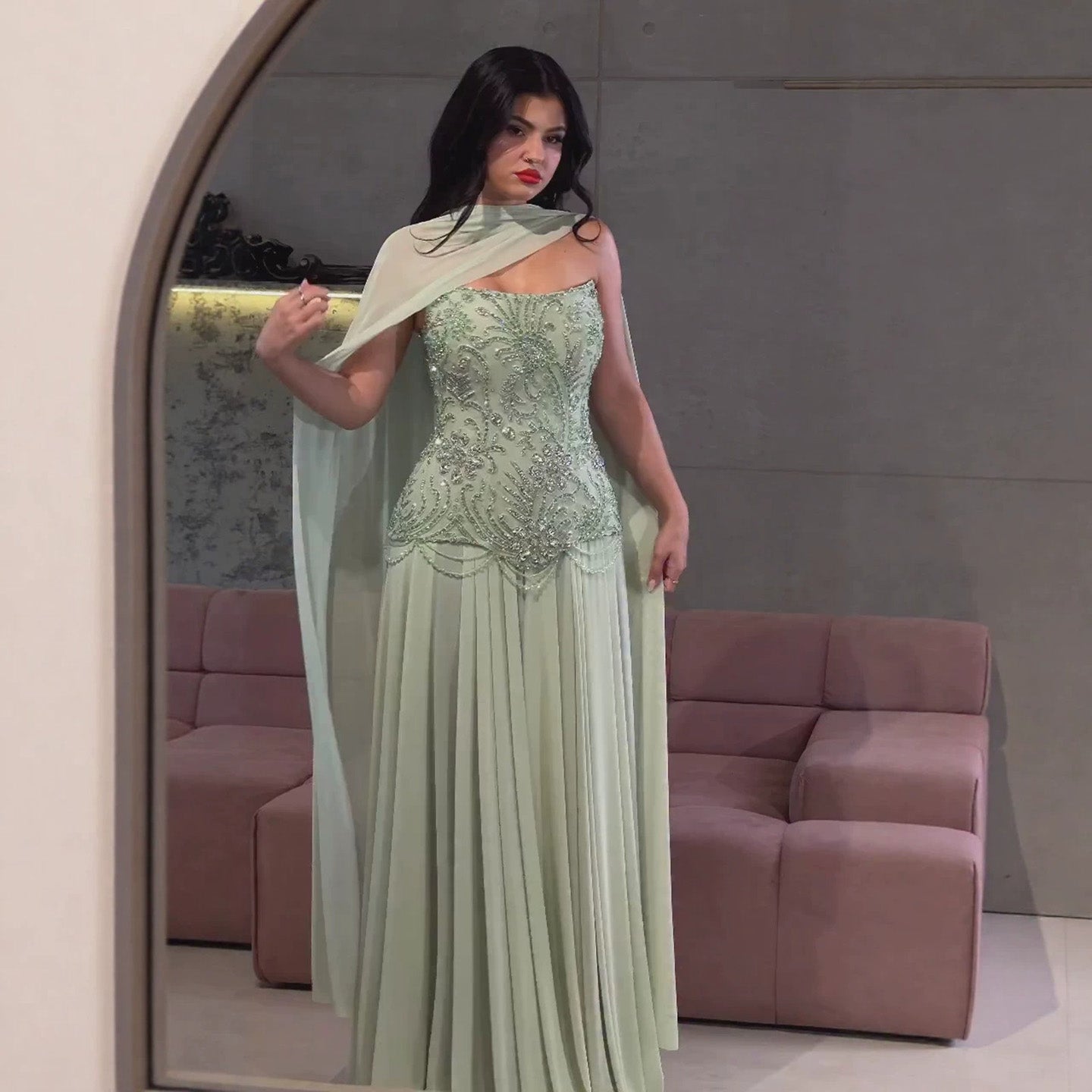 Luxury Sage Green Beaded Corset Chiffon A Line Dress LA73920