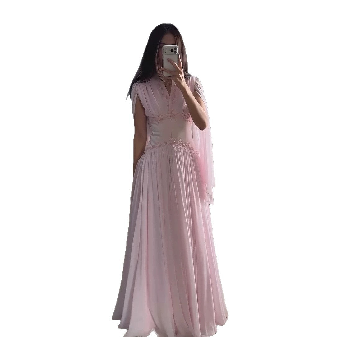 Luxury Pink Beaded Chiffon A Line Dress Cape Sleeves LA73921