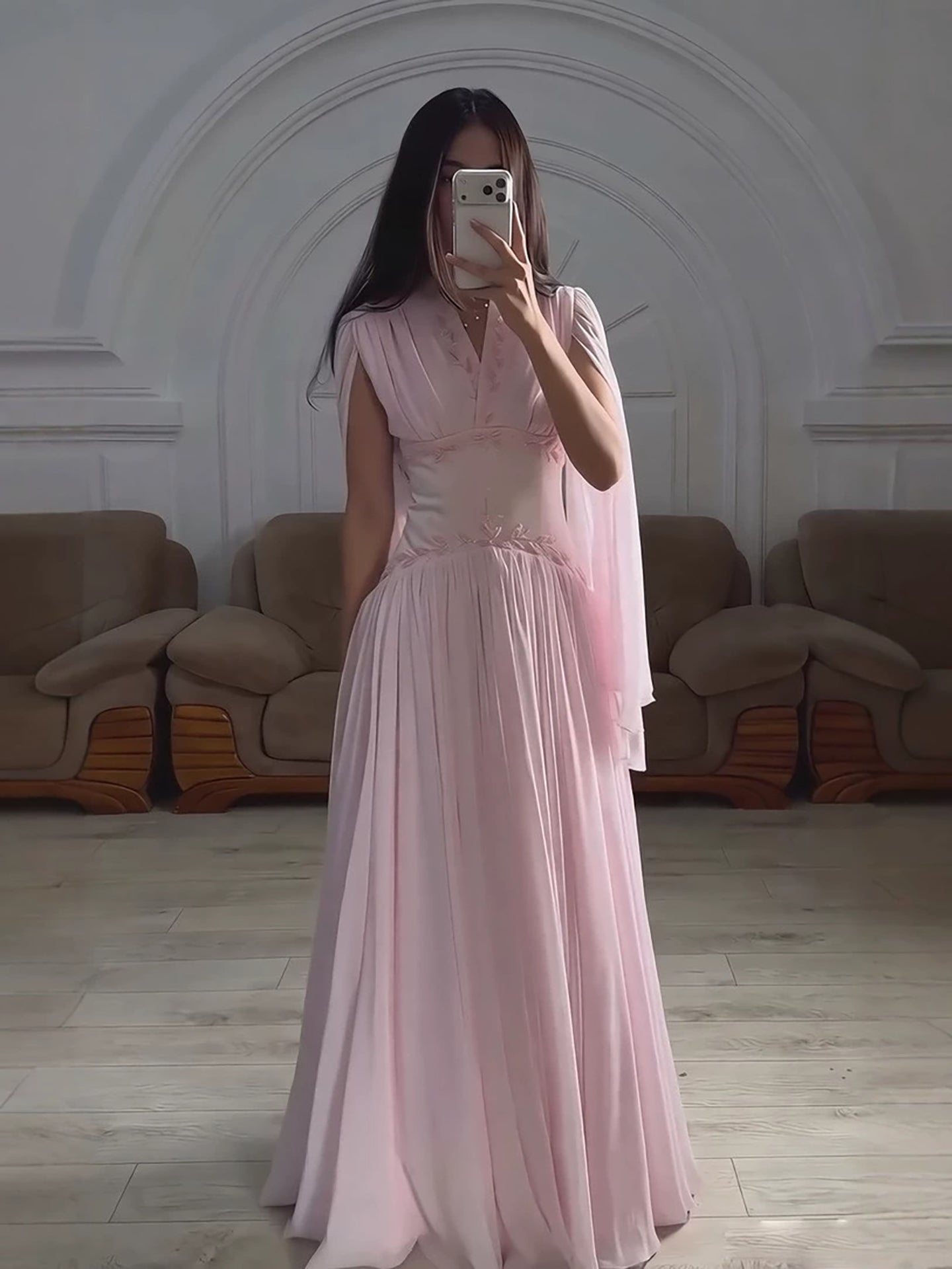Luxury Pink Beaded Chiffon A Line Dress Cape Sleeves LA73921
