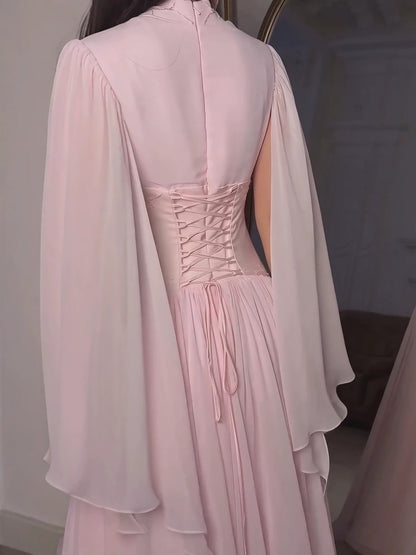Luxury Pink Beaded Chiffon A Line Dress Cape Sleeves LA73921