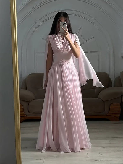 Luxury Pink Beaded Chiffon A Line Dress Cape Sleeves LA73921