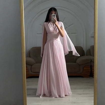 Luxury Pink Beaded Chiffon A Line Dress Cape Sleeves LA73921