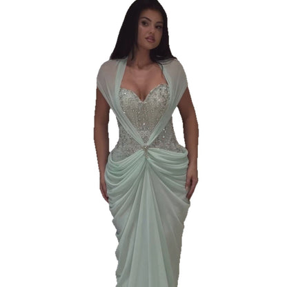 Luxury Sage Green Crystal Beaded Chiffon Mermaid Dress LA73923