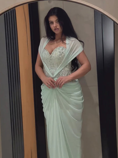 Luxury Sage Green Crystal Beaded Chiffon Mermaid Dress LA73923