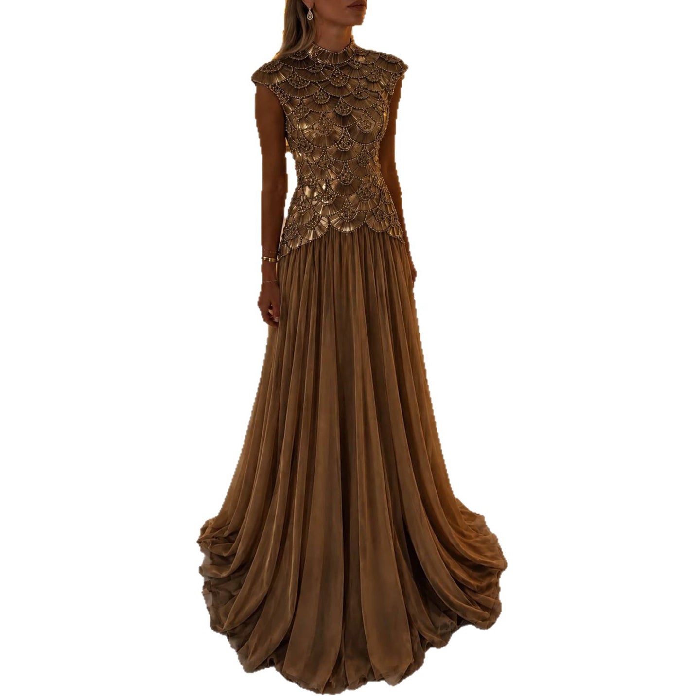 Luxury Gold High Neck Crystal Beaded A Line Dress LA73924
