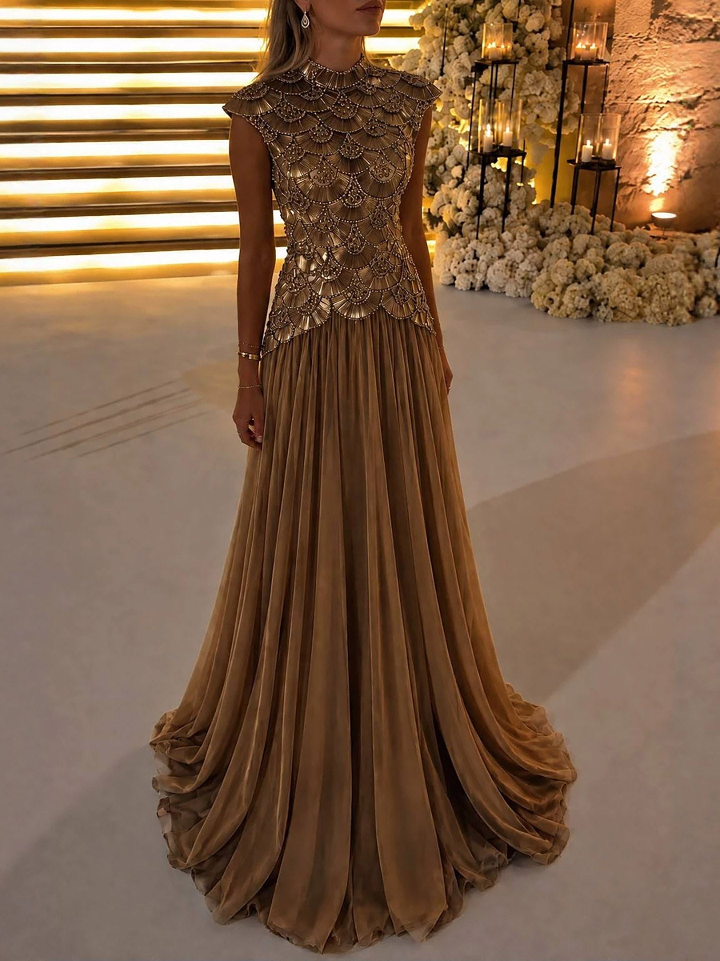 Luxury Gold High Neck Crystal Beaded A Line Dress LA73924