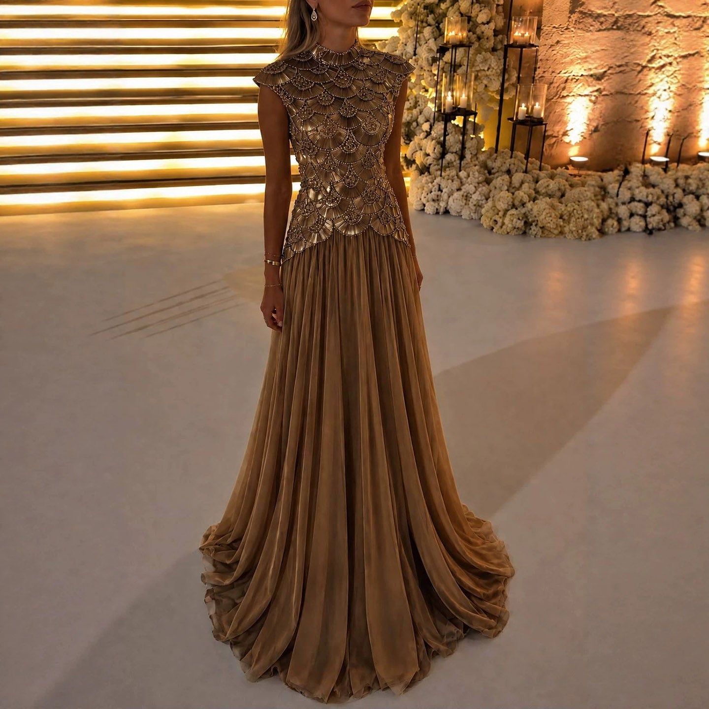 Luxury Gold High Neck Crystal Beaded A Line Dress LA73924
