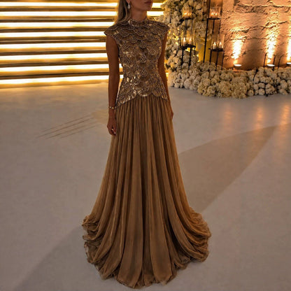 Luxury Gold High Neck Crystal Beaded A Line Dress LA73924