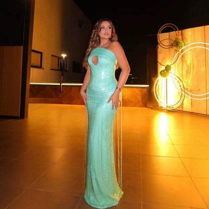 Luxury Tiffany Blue Sequin Beaded Tassel Mermaid Dress LA73925