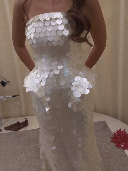 Luxury Beige Scale Sequin Peplum Mermaid Evening Dress LA73926
