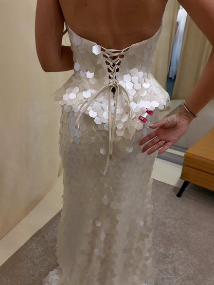 Luxury Beige Scale Sequin Peplum Mermaid Evening Dress LA73926
