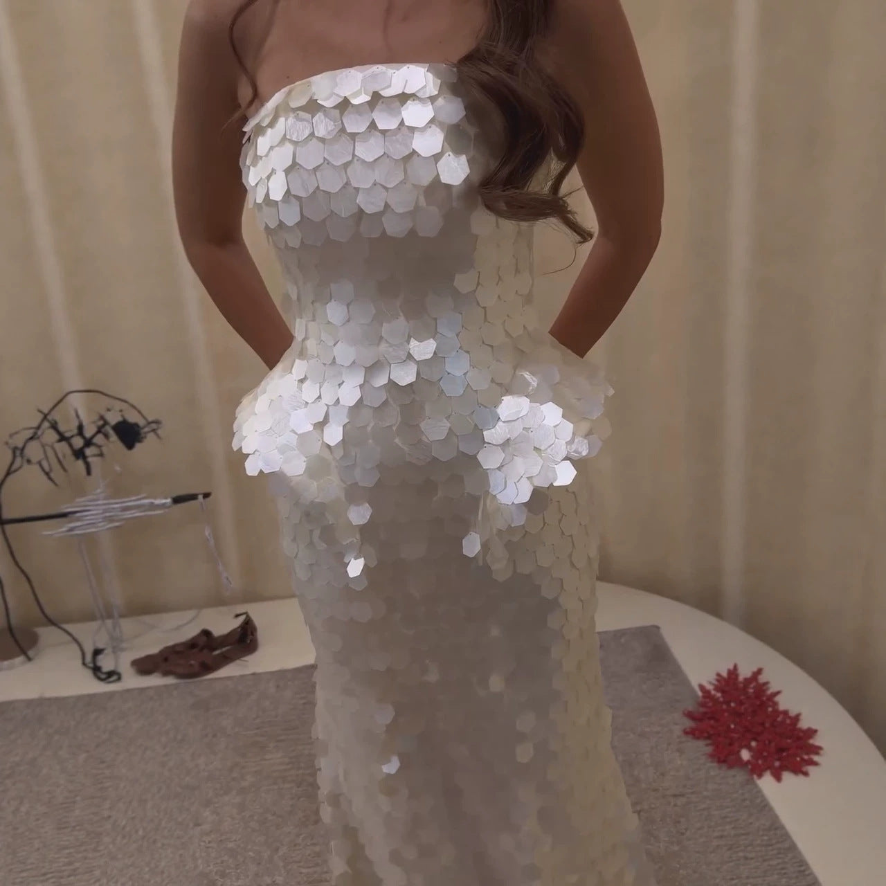 Luxury Beige Scale Sequin Peplum Mermaid Evening Dress LA73926