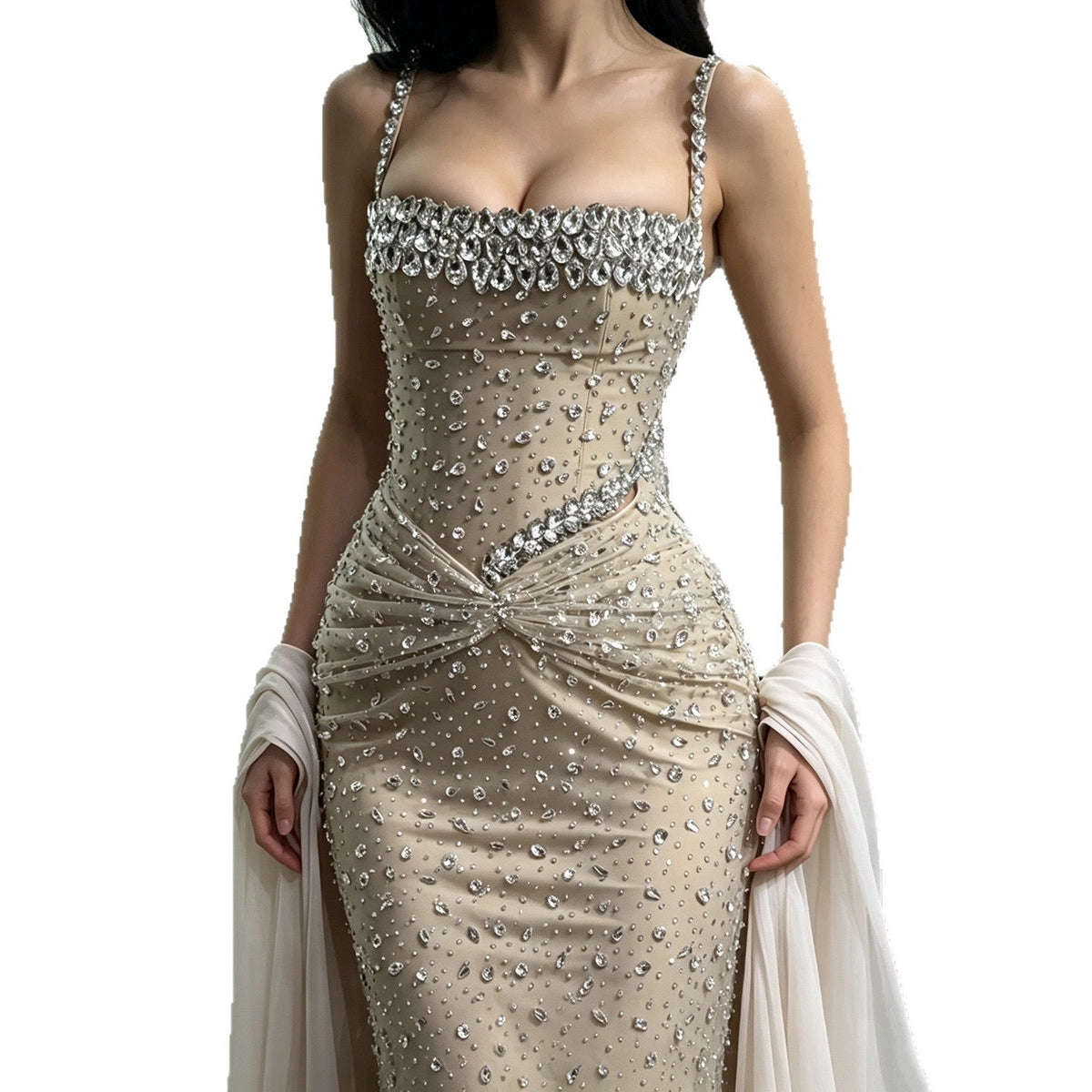 Nude Crystal Beaded Spaghetti Strap Mermaid Evening Dress LA73927
