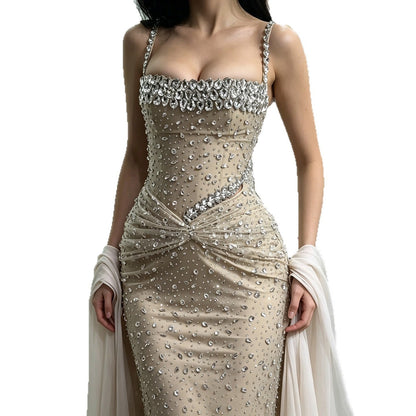 Nude Crystal Beaded Spaghetti Strap Mermaid Evening Dress LA73927