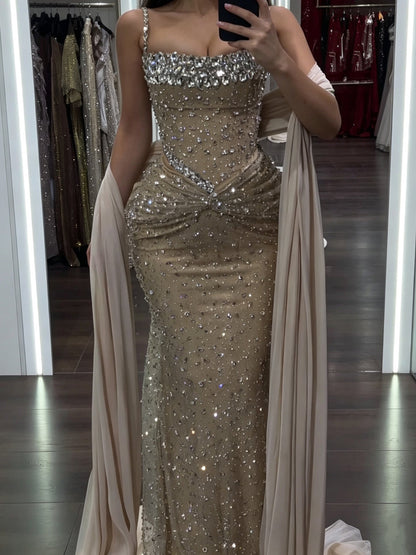 Nude Crystal Beaded Spaghetti Strap Mermaid Evening Dress LA73927