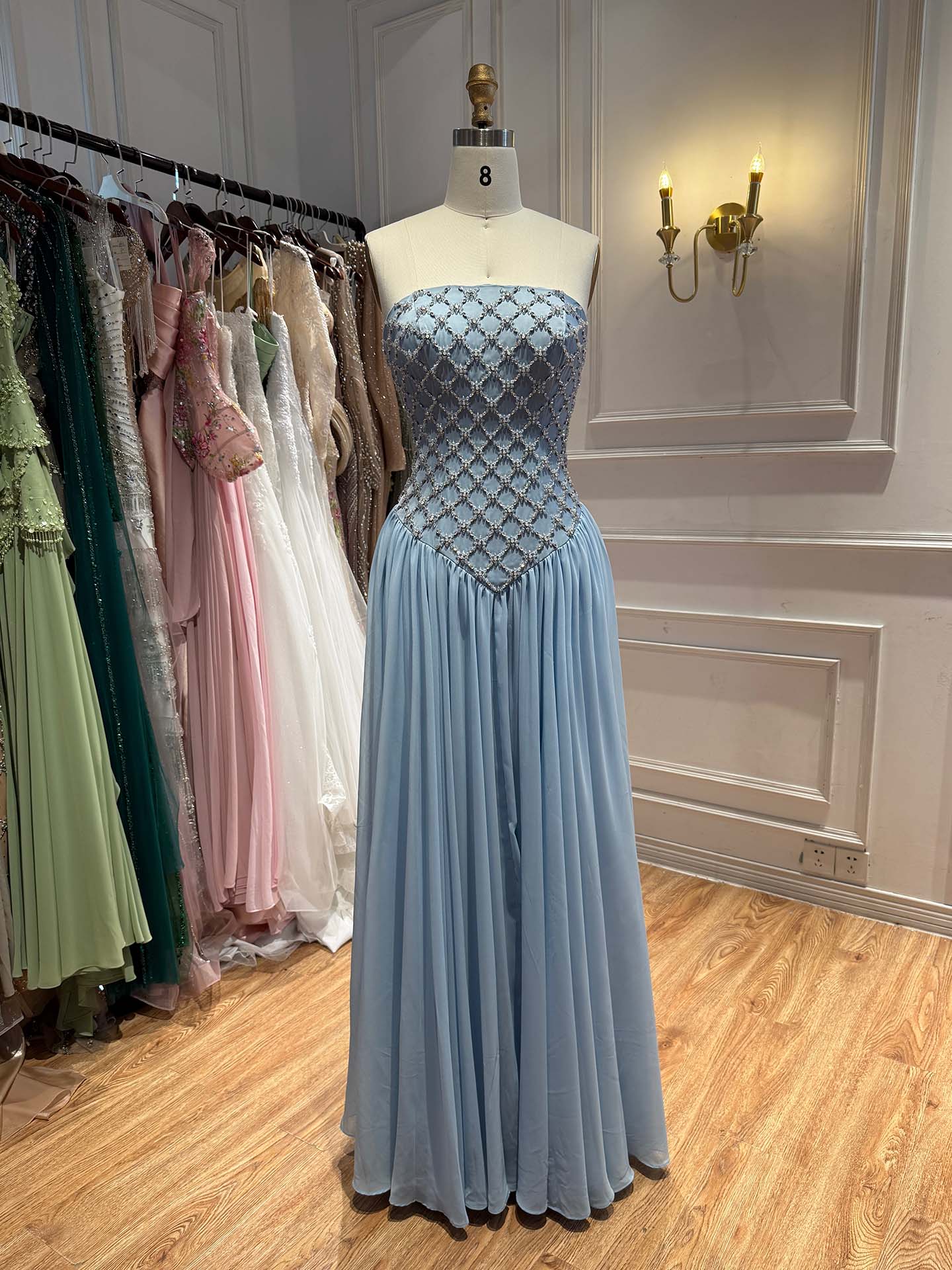Luxury Blue Crystal Beaded Chiffon A-Line Evening Dress LA73929