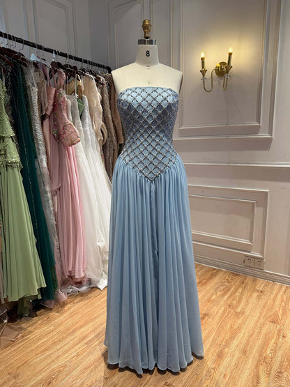 Luxury Blue Crystal Beaded Chiffon A-Line Evening Dress LA73929