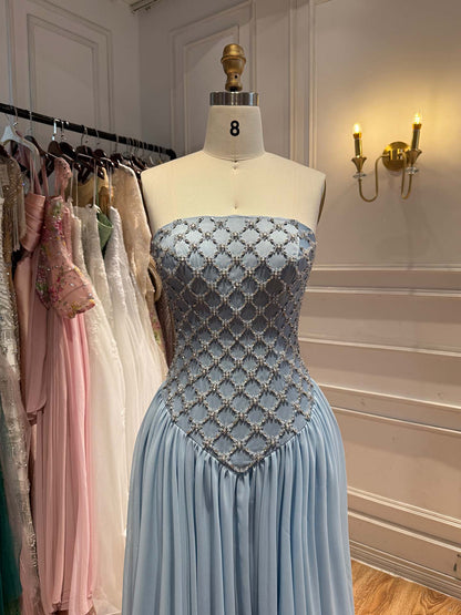 Luxury Blue Crystal Beaded Chiffon A-Line Evening Dress LA73929