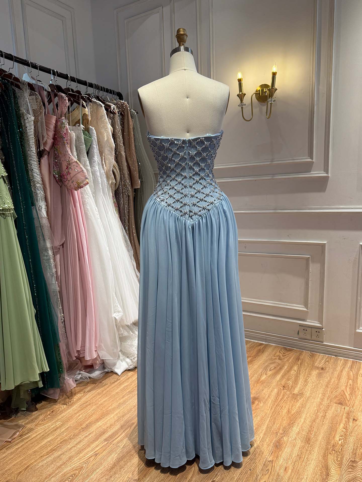 Luxury Blue Crystal Beaded Chiffon A-Line Evening Dress LA73929