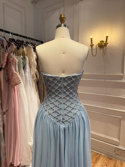 Luxury Blue Crystal Beaded Chiffon A-Line Evening Dress LA73929